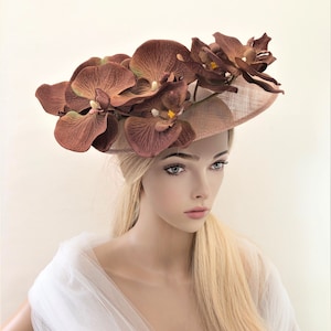 Beige Orchid Flower Fascinator, Percher Hat, Latte Saucer, Races , Hatinator, wedding headpiece,