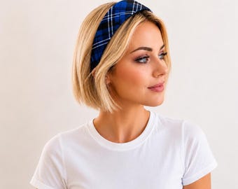 Wide Tartan Headband, Royal Blue Plaid Alice Band