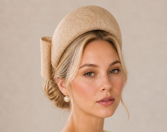 Diadema beige con lazo trasero, 10 cm de ancho, tocado de boda Races.