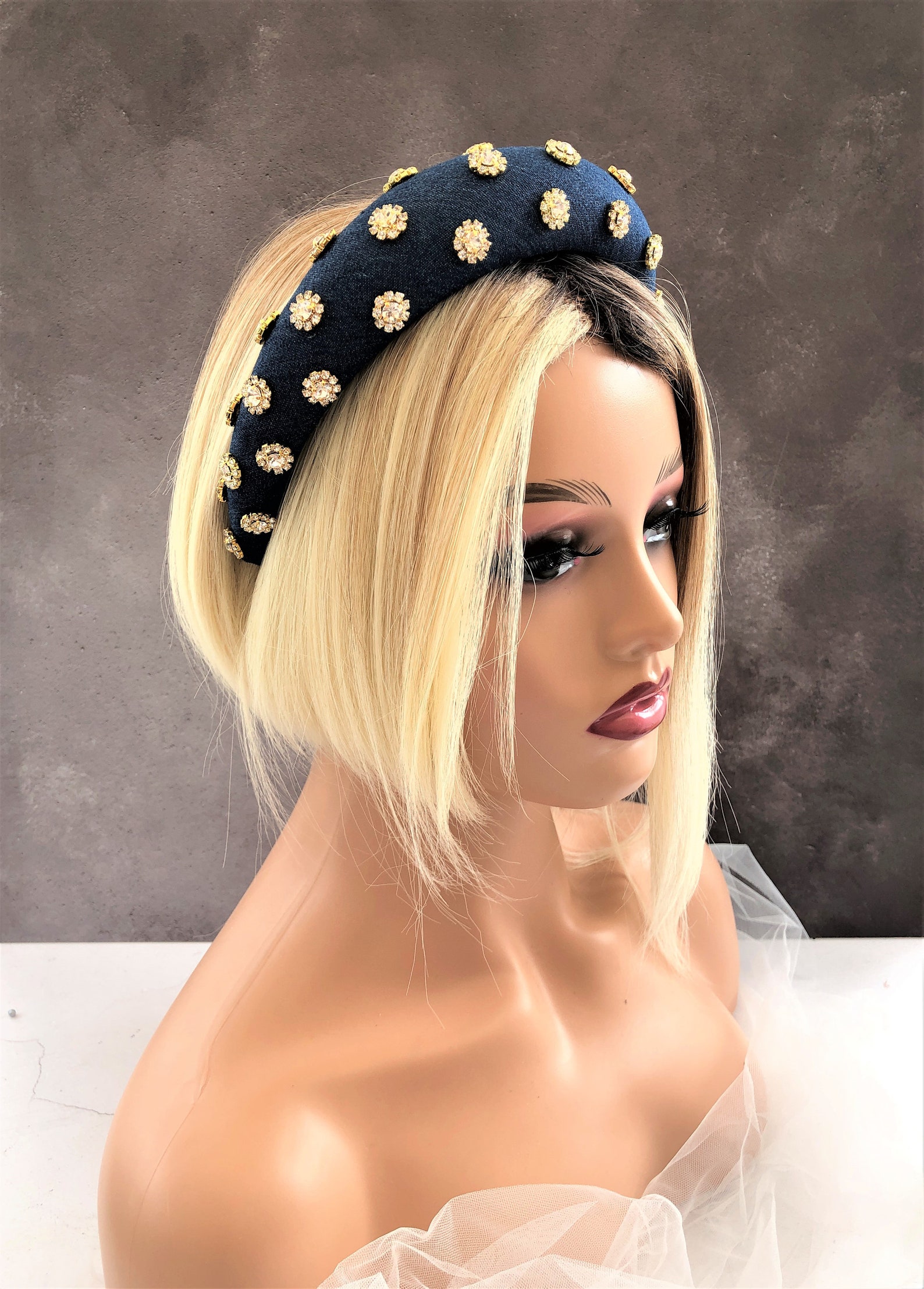 Denim Padded headband with Diamante Gold Tone Crystal Flowers Etsy