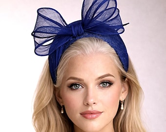 Diadema con lazo de sinamay azul, tocado para bodas en carreras, elegante sombrero estructurado