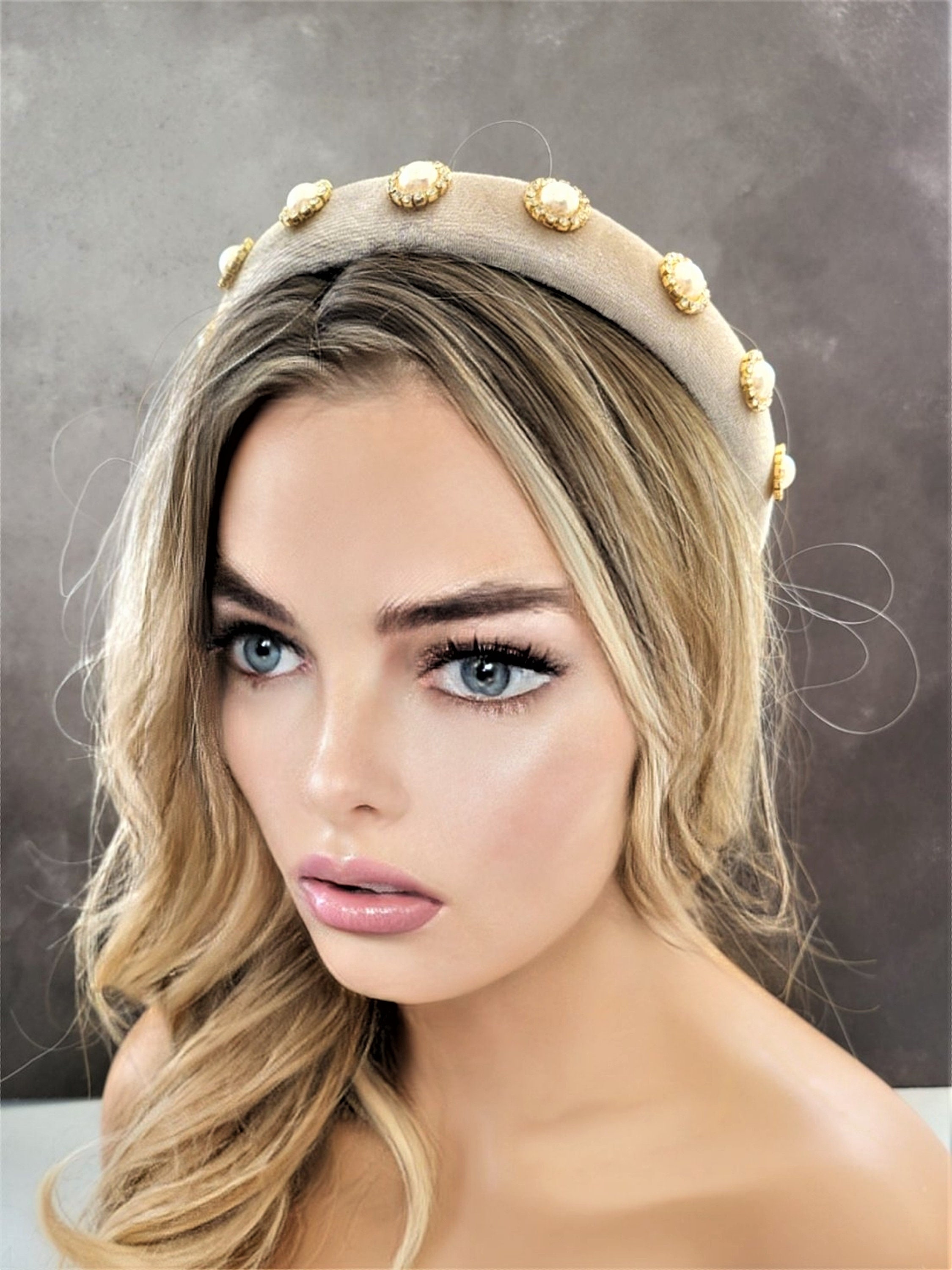 Beige Gold Diamante Headband, Pearl Embellished Headpiece 