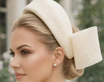 Ivory Fascinator Ridged Headband, Back Bow, Wedding Races Headpiece, Hat