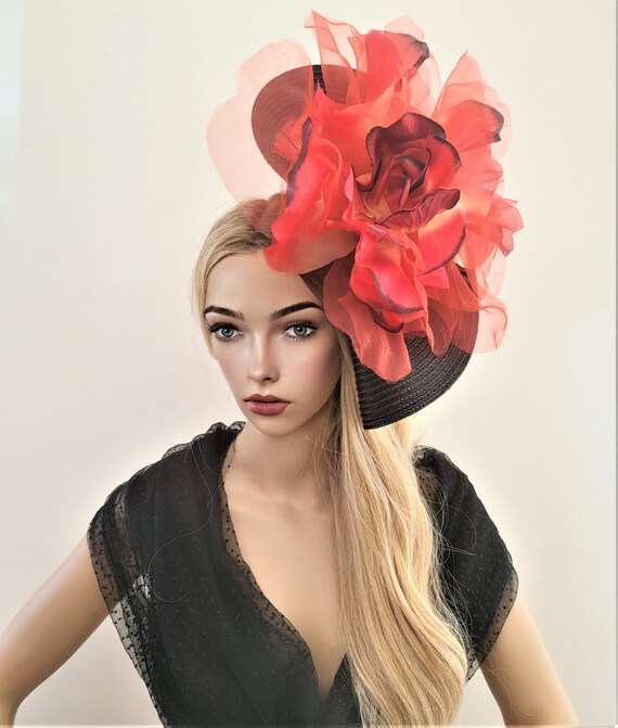 Red Flower Fascinator Black Percher Hat 
