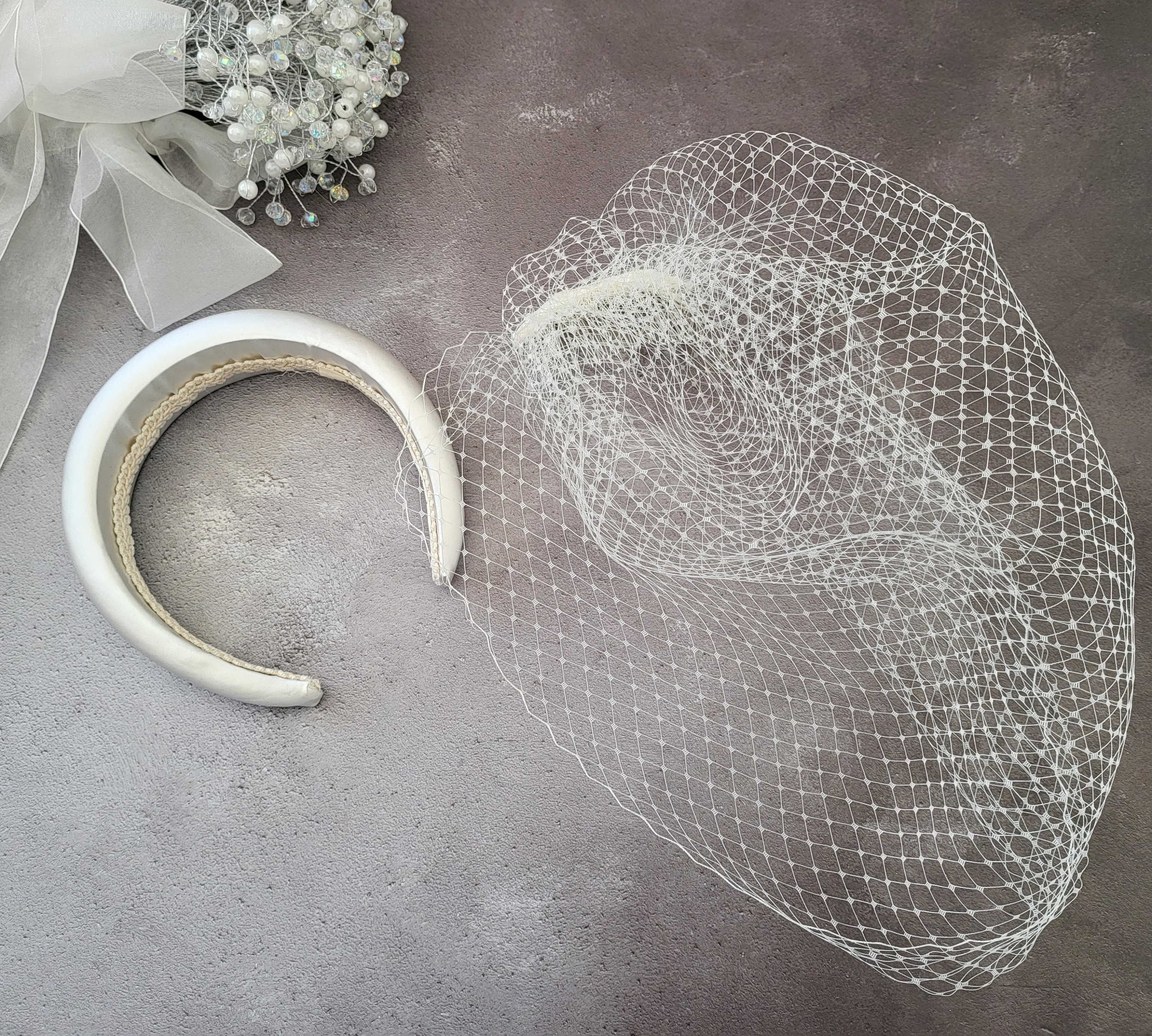 Bridal Ivory Silk Padded Headband With Birdcage Veil 