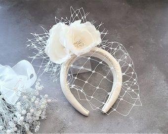 Ivory Leather Veiled Fascinator, Headband Padded , With Silk Roses Hatinator, Blusher Veil, Bridal Headpiece, 4 cms wide,