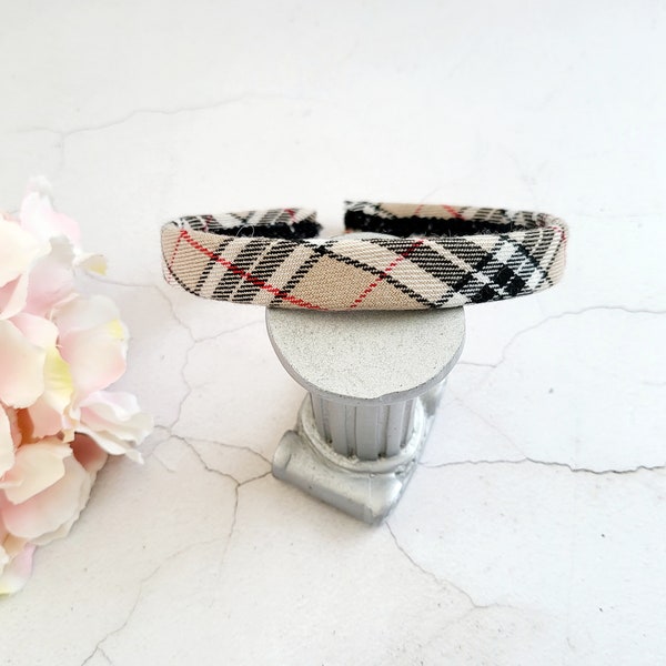 Beige Tartan Check Alice Band, Plaid Headband, Hair Band, 1.5 cms Wide Camel and Black, Girl's