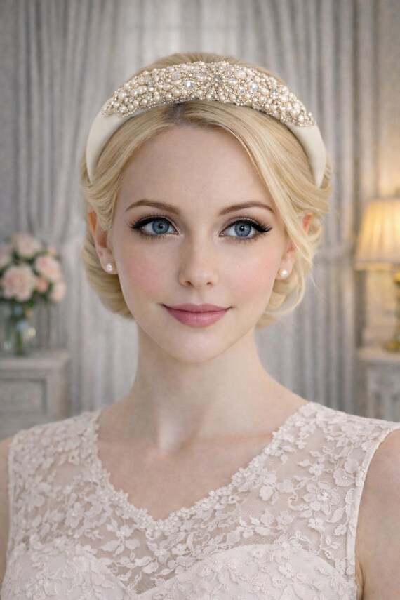 Ivory Lace Pearl Beaded Headband Bridal Wide Padded Wedding Vintage Bride Wedding Headband, Bridal Pearl Headband, Beaded Head Piece  main image 4