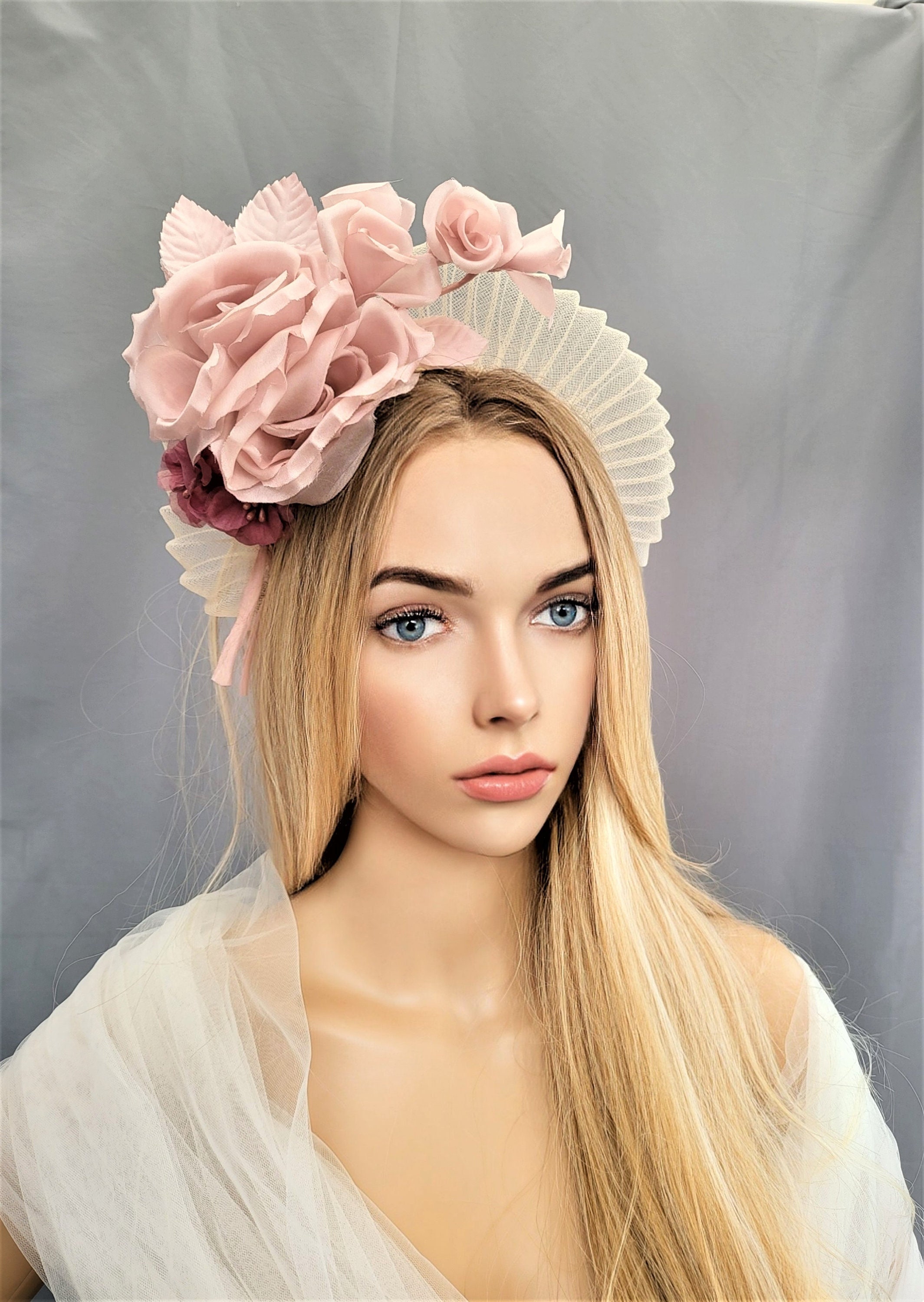 Ivory Fascinator Headband, Blush Silk Rose Flower, Halo  display picture 3