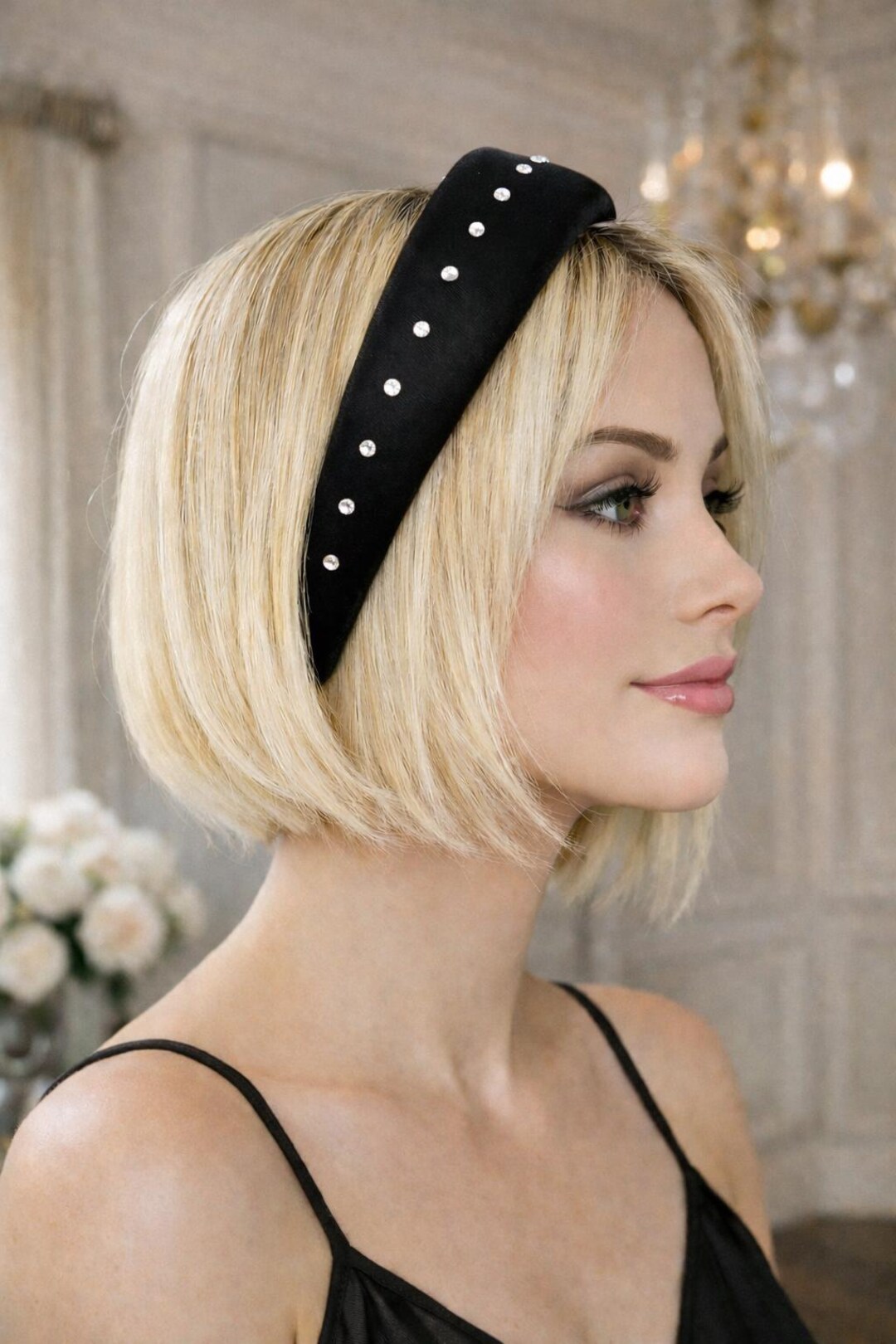 Hill House Black Satin Padded Headband with Clear Crystal Studs EUC Luxury Black Satin Padded Headband With Crystals, 4 Cm Wide  main image 2