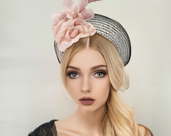 Black Fascinator Headband, Blush Pink Silk Rose Flower, Halo Crown Headpiece,