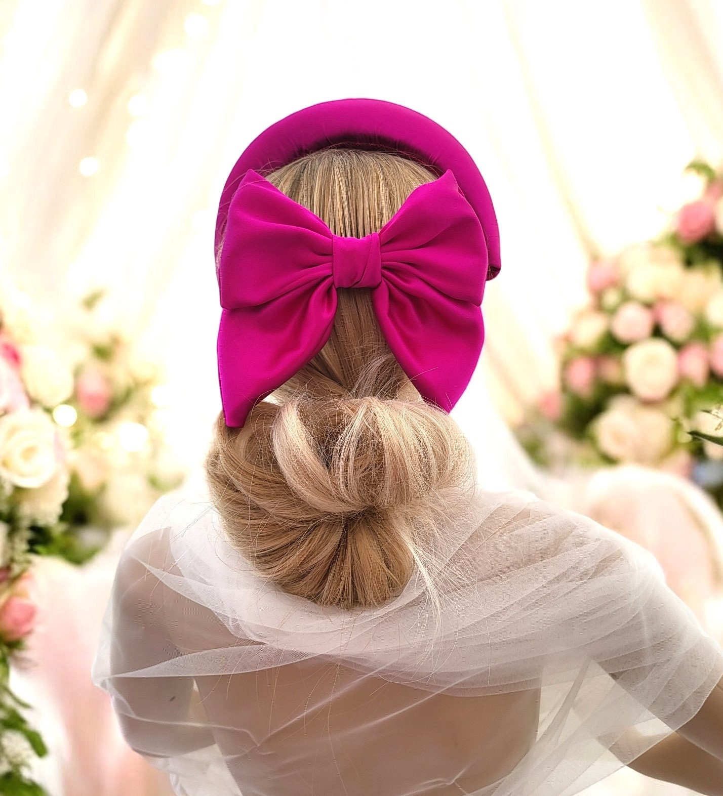 Fuchsia Pink Silk Headband Bandeau With Matching Bow Fascinator