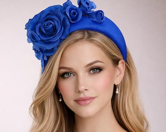 Royal Blue Silk Flower Fascinator Headband, Extra Wide 7 cm, Race Day Wedding Hat
