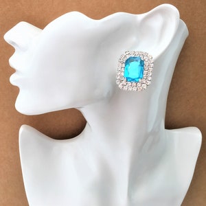 CLIP ON large Turquoise Blue Crystal rhinestone diamante stud drop earrings in Silver Tone