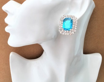 CLIP ON large Turquoise Blue Crystal rhinestone diamante stud drop earrings in Silver Tone