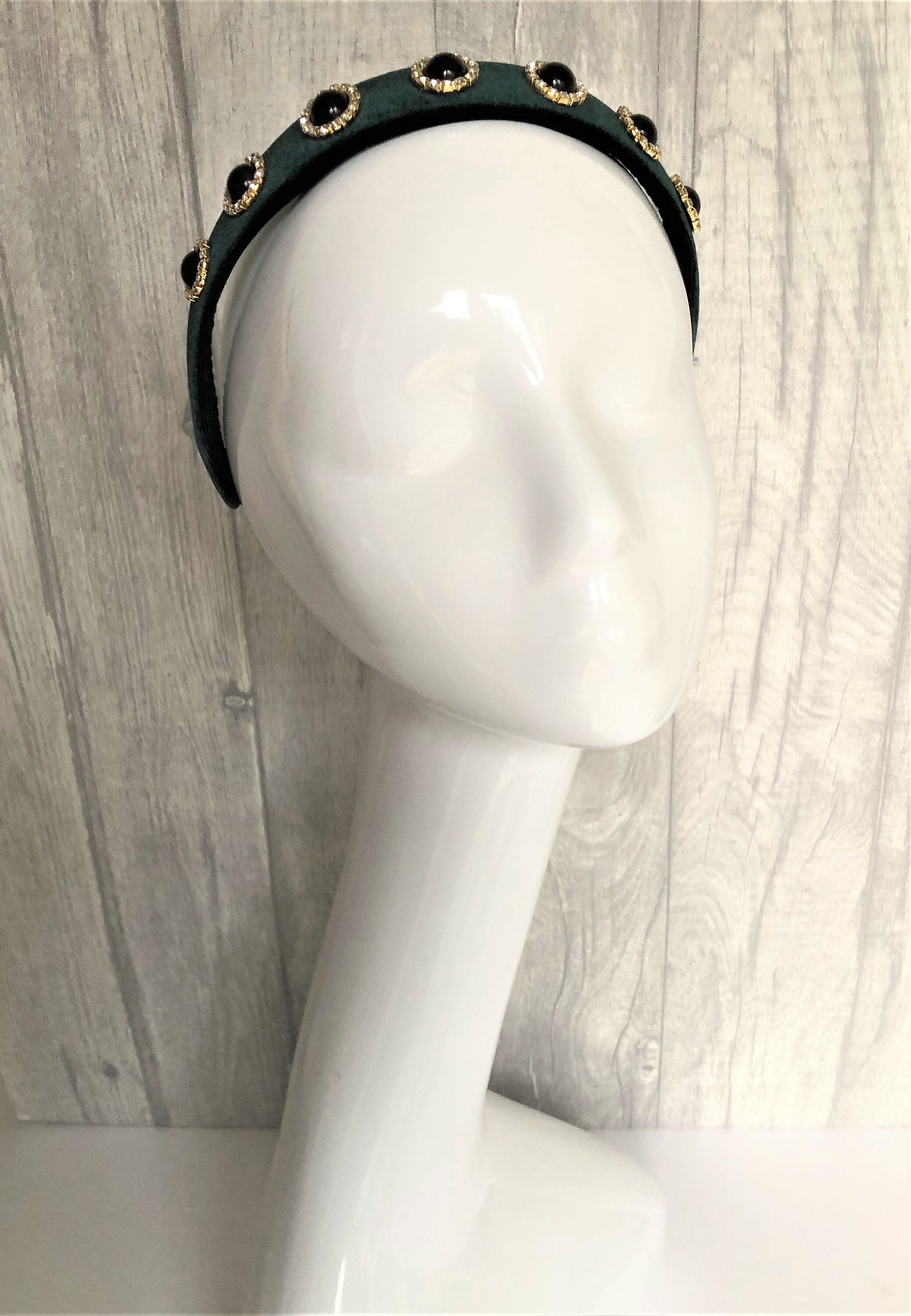 Set of 2 Jeweled Headbands Black Velvet Emerald Green 