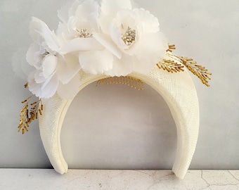 Bandeau bibi halo ivoire, avec liane de fleurs en organza de soie et perles dorées, casque de course léger