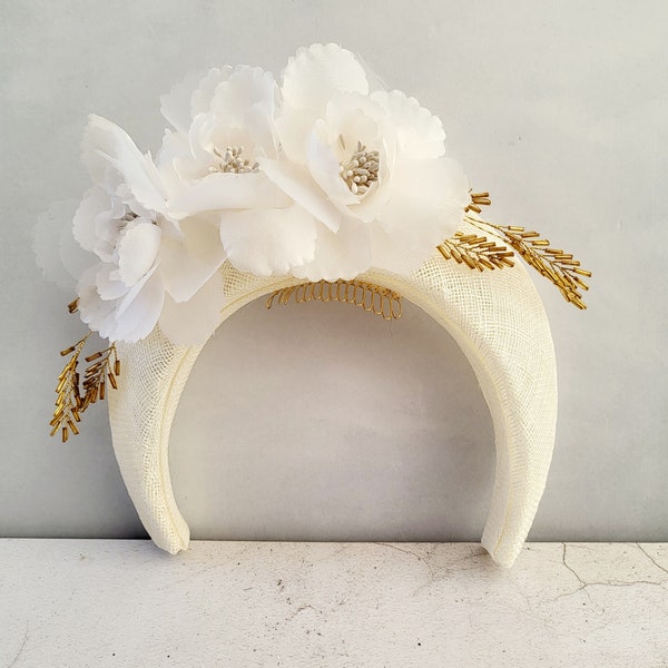 Ivory Halo Fascinator Headband, with Silk Organza flower Vine and Gold Beads, Lightweight Races Headpiece