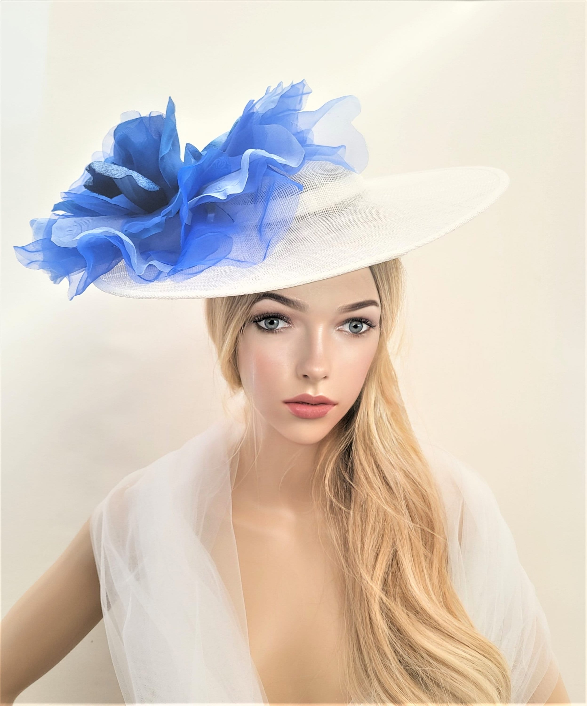 Big Blue Flower Fascinator White Percher Hat Saucer Races