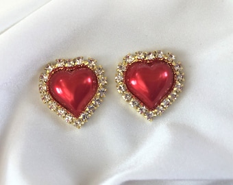 Diamante CLIP ON Earrings cluster Red Heart style with Pearlised Center on gold plated base Stud Pierced Version available