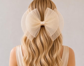 Tocado beige con doble lazo, pinza para el cabello, tamaño grande con satén, accesorio para el cabello de novia