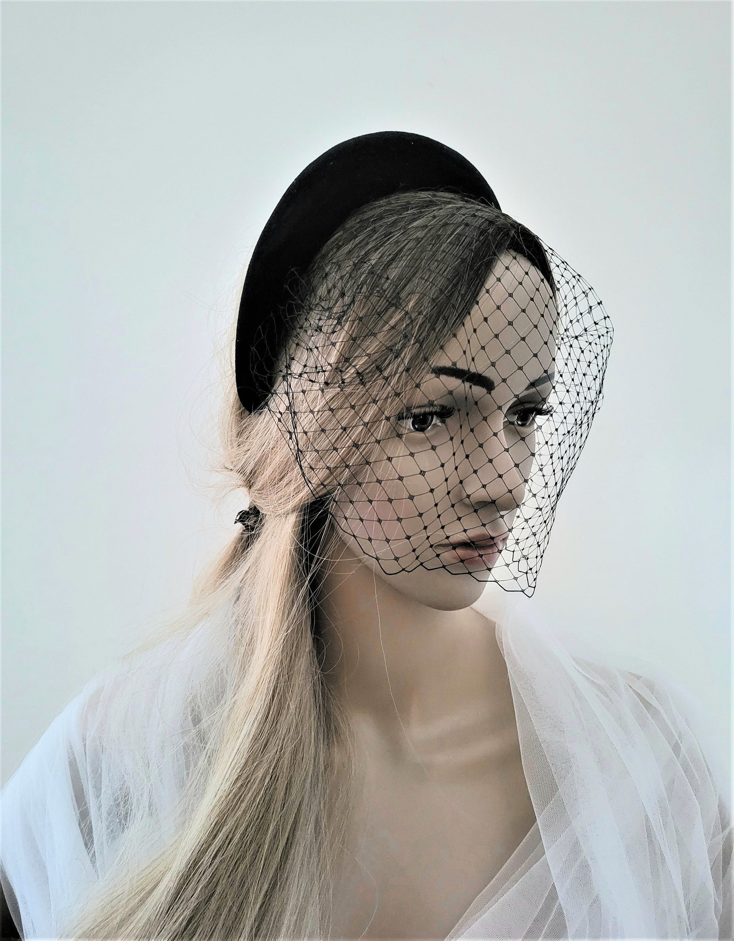 Black Velvet Veil Net Fascinator Headband Padded, With Black Velvet Veil Net Fascinator Headband Padded, With
