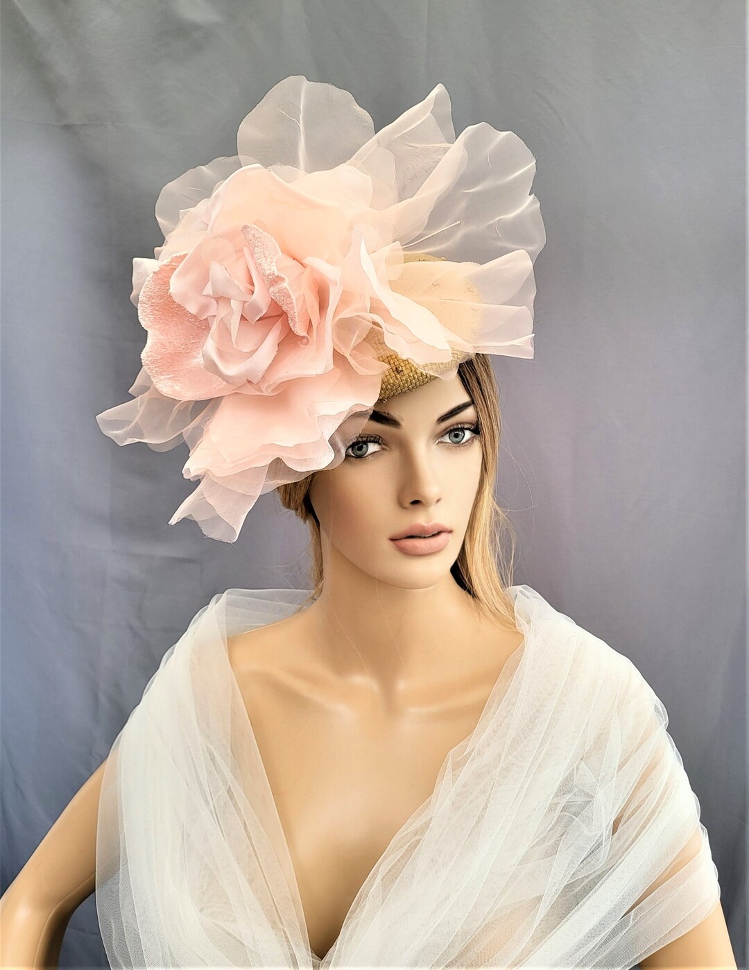 Gold Pillbox Hat Fascinator With Large Peachy Pink Flower Etsy