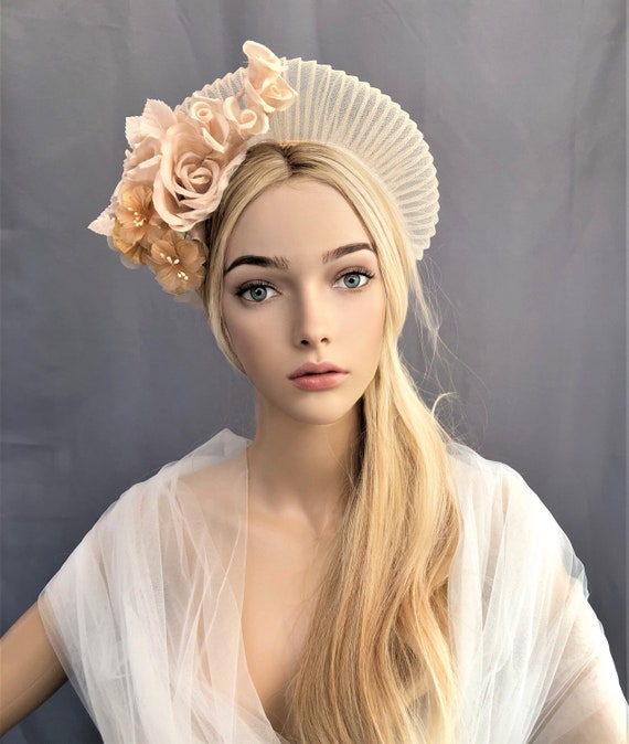 Beige Fascinator Headband, Silk Rose Flower, Halo Crown  display picture 1