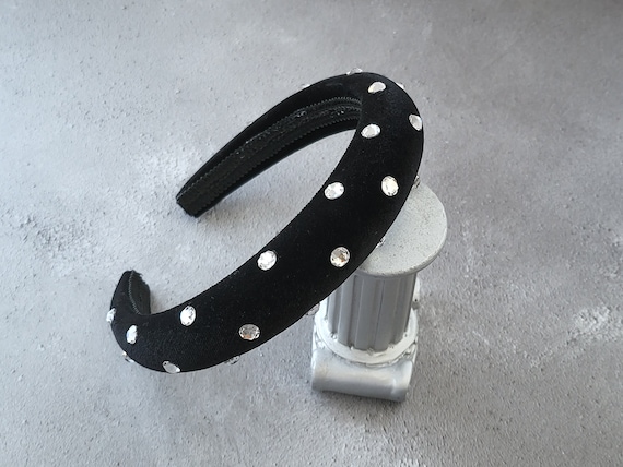 Diamante Black Velvet Padded Headband, Swarovski Crystal  display picture 3