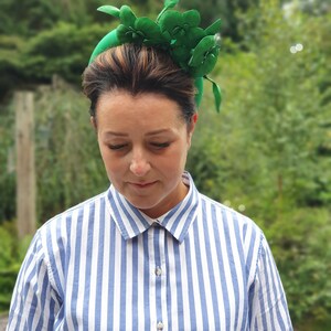 Green Satin Fascinator, Flower Headpiece, Halo Headband, Tall Padded Hair band, leather orchids, image 4
