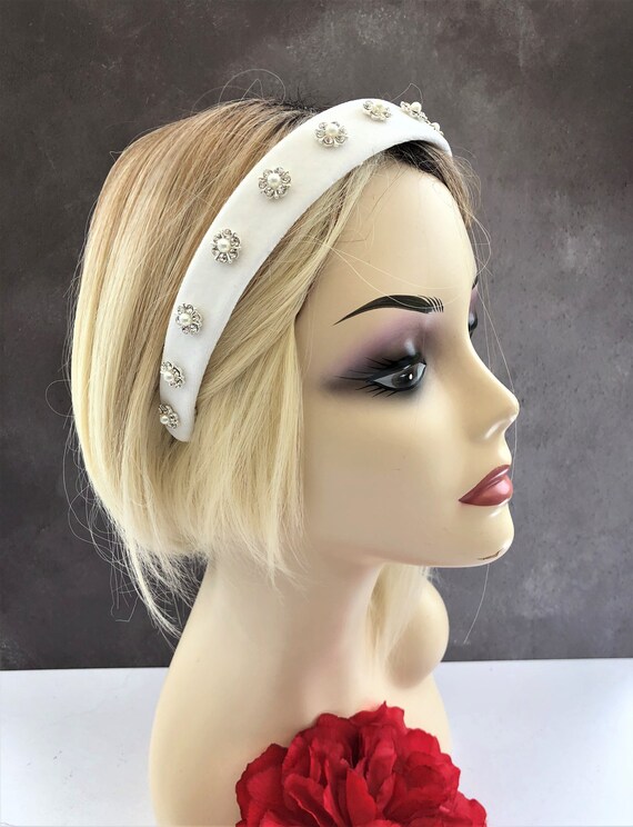 Ivory Velvet Jeweled Headband With Faux Pearls & Diamante - Etsy display picture 1