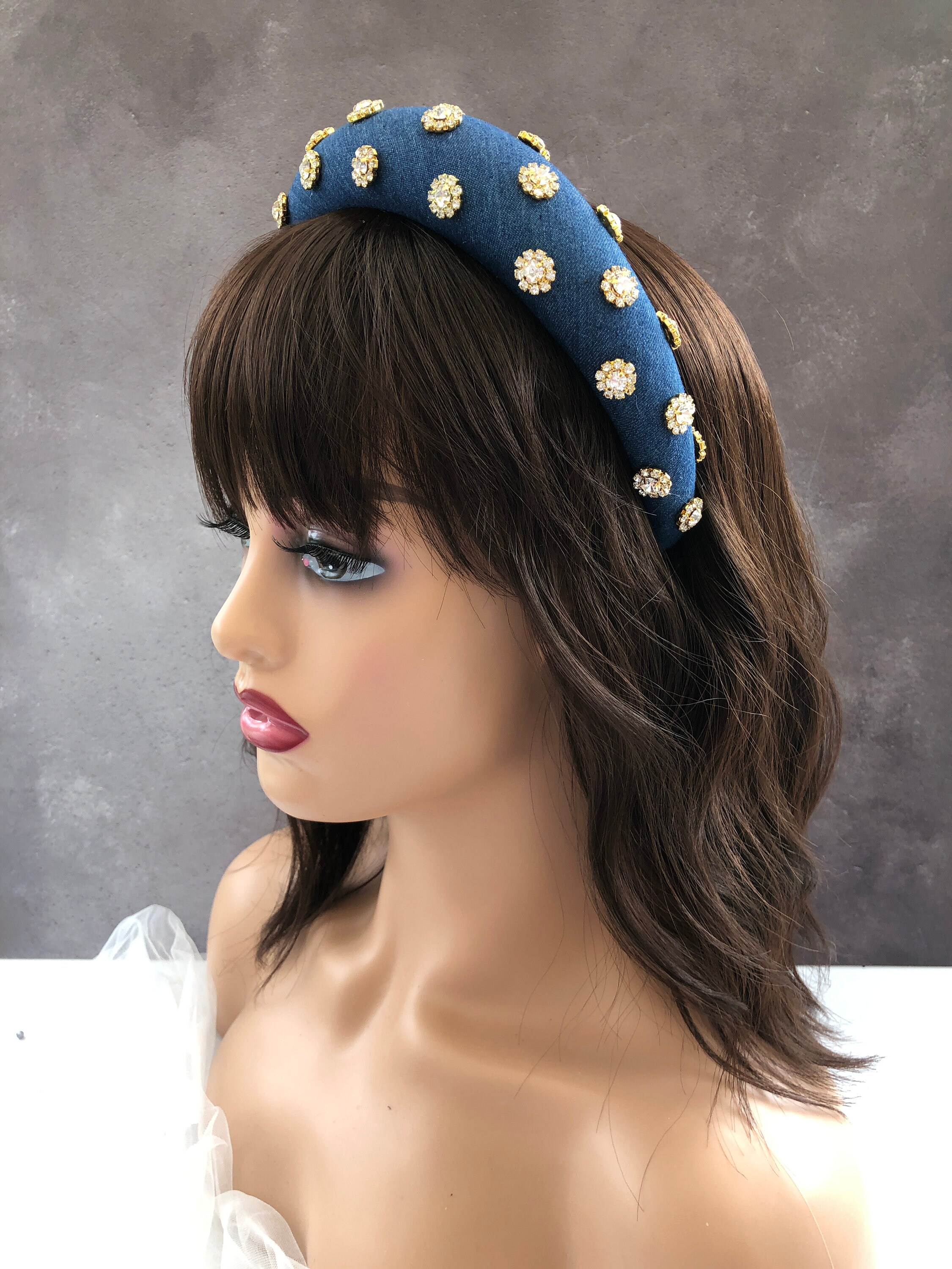 Denim Padded headband with Diamante Gold Tone Crystal Flowers Etsy