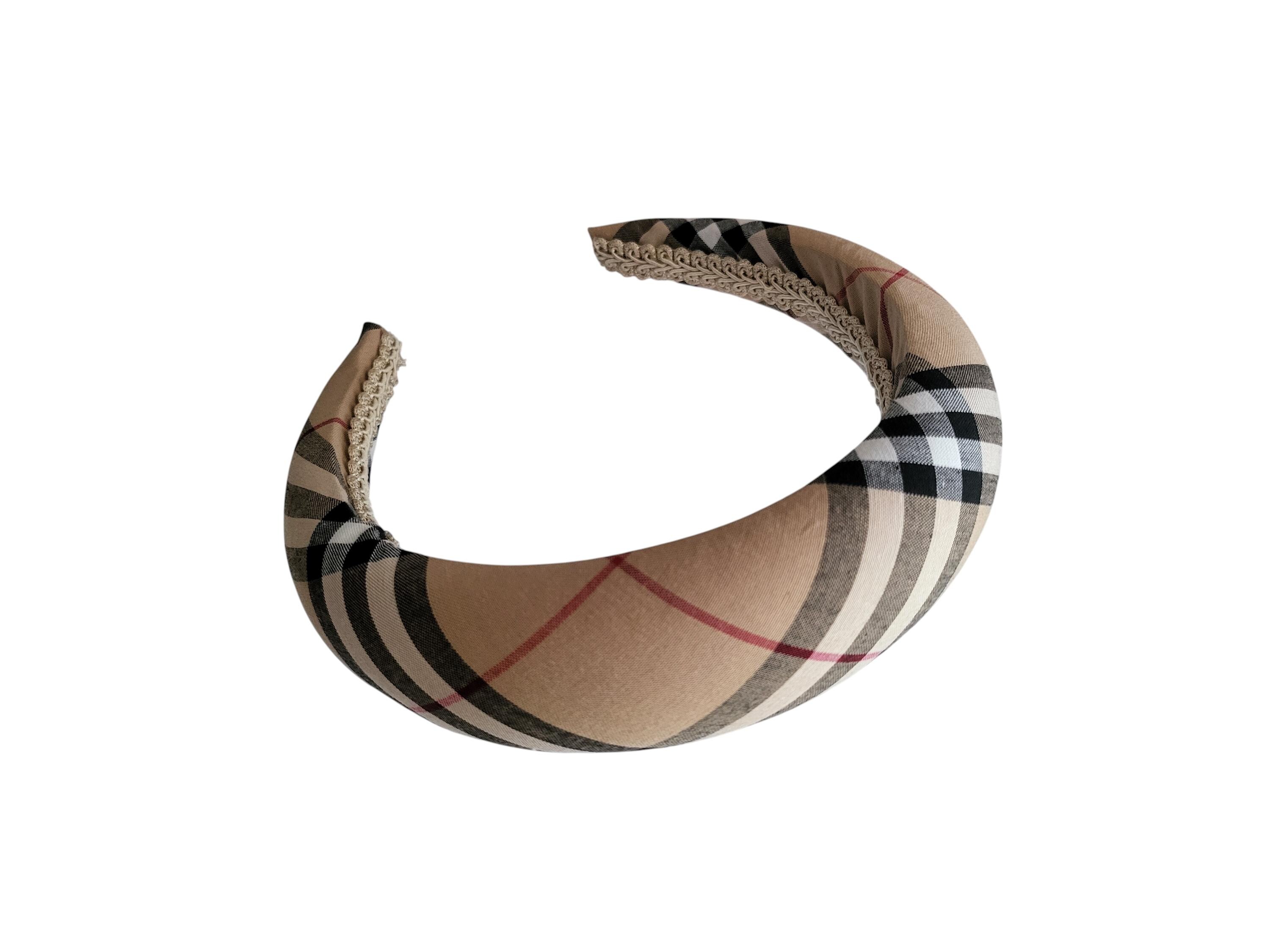 Beige Tartan Padded Headband, Black Checked Plaid Hair Band  display picture 3