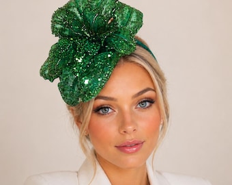 Large Green Flower Fascinator, Beaded Sequin Headpiece, Wedding Headband, Statement Hat