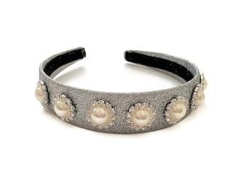 Glittery Silver Headband with Diamante, Pearl Bead Embellishment, Christmas  stocking gift, cms Wide Alice Band