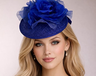 Tocado de flores de sinamay azul real, diadema con lazo en la espalda, tocado para bodas y carreras