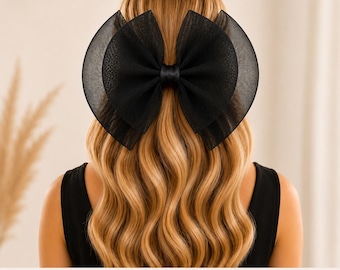 Tocado con doble lazo, pinza para el cabello, tamaño grande con satén, accesorio para el cabello de novia,
