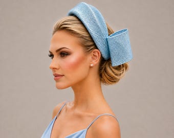 Light Blue Silver Shimmer Fascinator, Ridged Headband, Back Bow, Wedding Races Headpiece