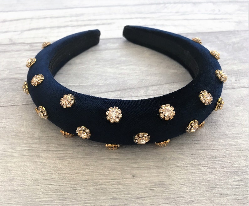 Beautiful Navy Blue Flock Velvet Jewelled Padded headband with Etsy