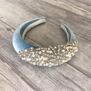 Powder Blue Velvet Jewelled  headband with Crystals and Pearls - Sparkly with a Vintage hint 4cms wide and Padded to 2. 5 cms high