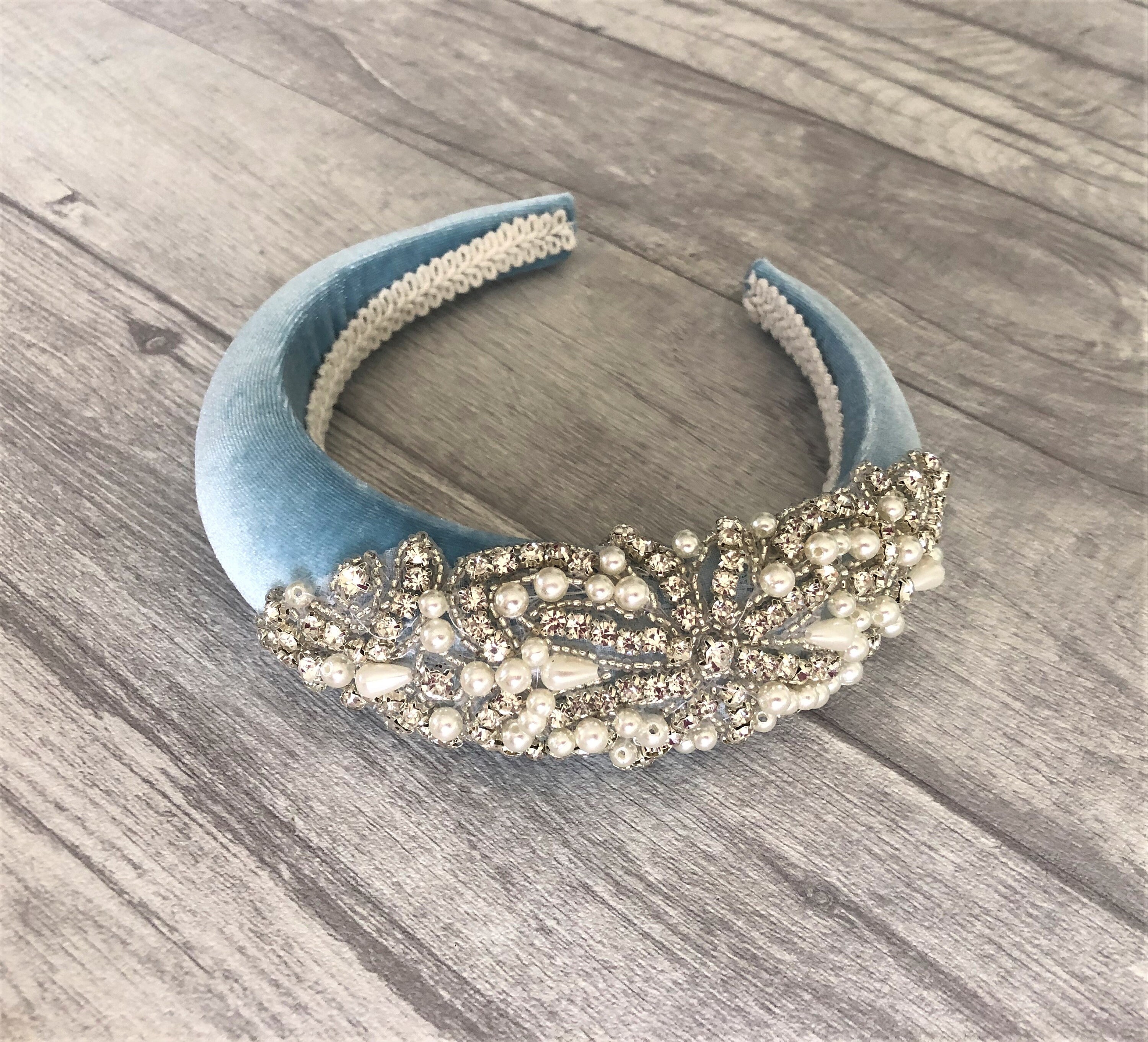 Powder Blue Velvet Jewelled headband with Crystals and Pearls | Etsy