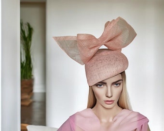 Pale Pink Bow Percher hat, with silver thread, Teardrop Fascinator, hatinator for races