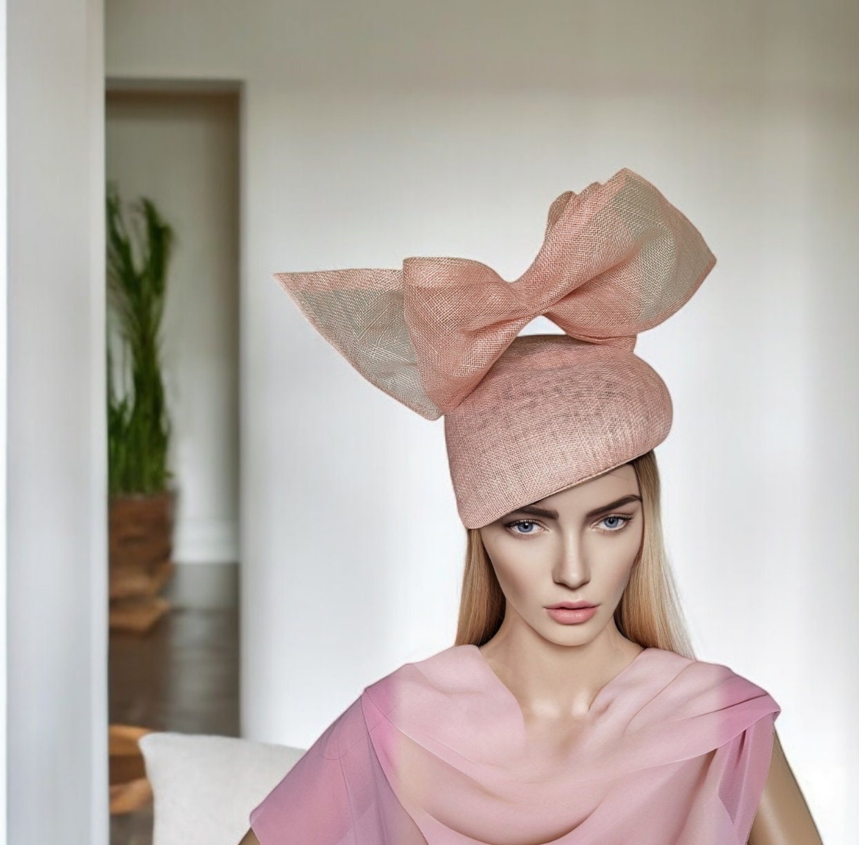 Pale Pink Bow Percher hat, with silver thread, Teardrop Fascinator,…