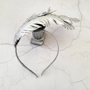 Silver Feather Design Fascinator, Leather Headpiece,Blusher Veil, Headband,