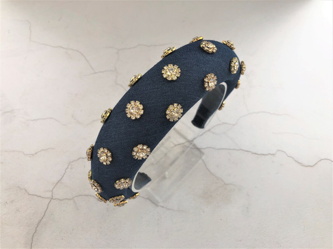 Denim Padded headband with Diamante Gold Tone Crystal Flowers Etsy