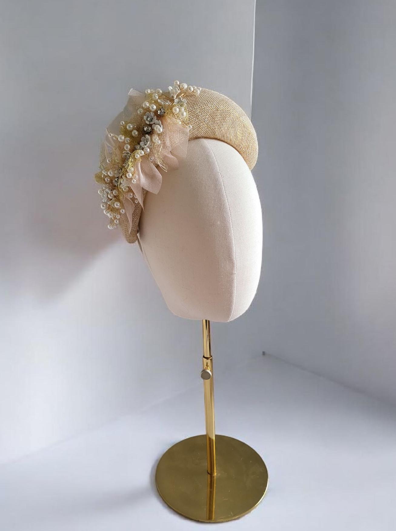Golden Teardrop Fascinator – Elegant Pearl & Crystal Flower  display picture 3