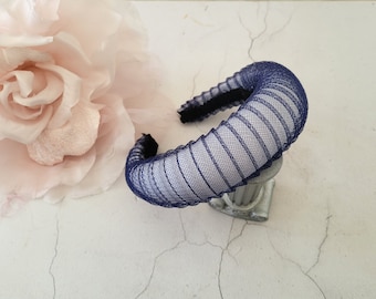 Ivory Fascinator Headband, Navy Blue halo over Ivory velvet, Headpiece, 4 cms Wide