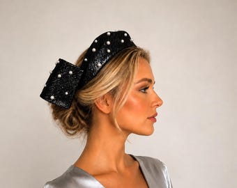 Black Silver Shimmer Ridged Bow Fascinator with Pearls, Wedding Race Day Headpiece