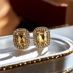 Clip-On Champagne Diamante Earrings – Large Rectangular Crystal Cluster, Pierced Option Available