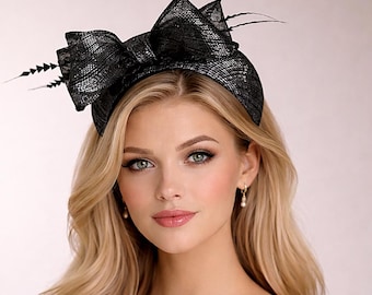 Diadema con lazo de sinamay negro y plateado, tocado para bodas para el día de la carrera, elegante sombrero estructurado